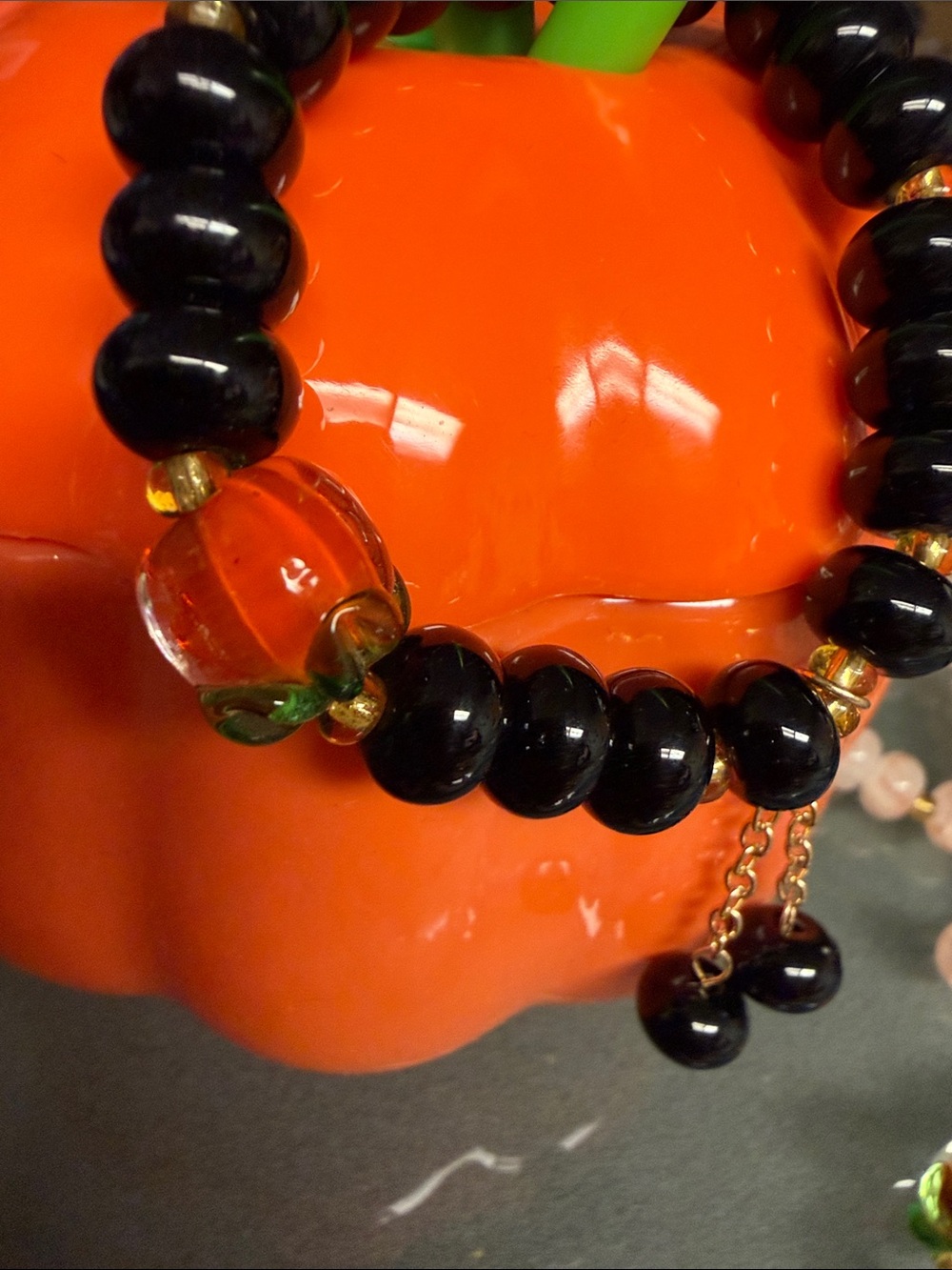 Black Beaded Stretch Bracelet with pumpkin glass bead & Gold Accents